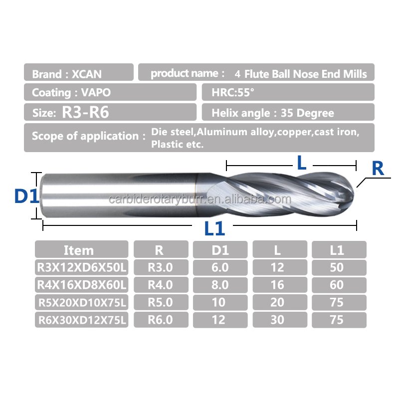Milling Cutter 4 Flute Ball Nose Carbide End Mill 45HRC R3 R4 R5 R6 CNC Machine Milling Cutter Router Bit Spiral Milling Bit